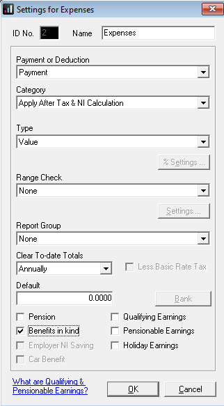 Settings for expenses screen fields 